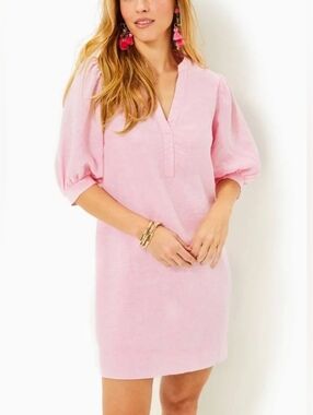Lilly Pulitzer 100% Linen Pink Puff Sleeves Mialeigh Shift Short Dress Size 12